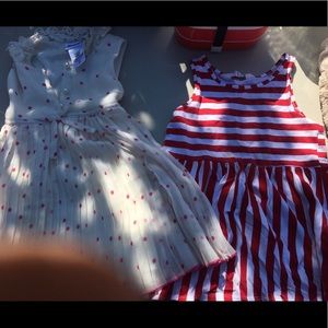Polka dot collar dress and red striped dress